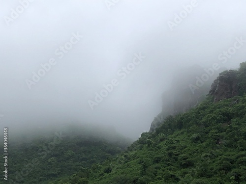 misty morning in the mountains. landscape with clouds and trees