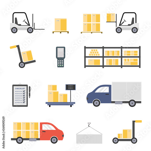 Warehouse with staff, storage building, shelves with goods, unloading cargo. Design elements of warehouse building delivery truck. The concept of a logistics center. Vector illustration flat