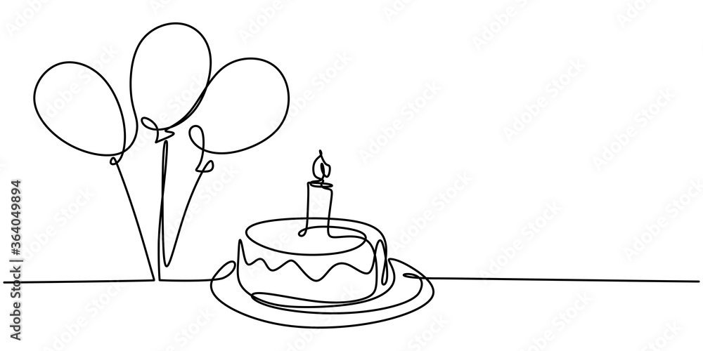 Continuous line drawing of birthday cake. A cake with sweet cream and candle. Celebration birthday party concept isolated on white background. Hand drawn vector design illustration - obrazy, fototapety, plakaty 
