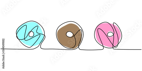 Donut continuous one line drawing for restaurant. Fresh sweet delicious American donuts restaurant logo emblem. Doughnut cafe shop logotype, fast food concept. Vector illustration in modern style