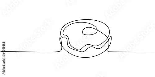 Donut continuous one line drawing for restaurant. Fresh sweet delicious American donuts restaurant logo emblem. Doughnut cafe shop logotype, fast food concept. Vector illustration in modern style