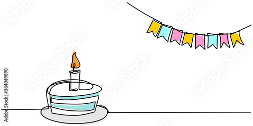 Continuous line drawing of birthday cake. A cake with sweet cream and candle. Celebration birthday party concept isolated on white background. Hand drawn vector design illustration