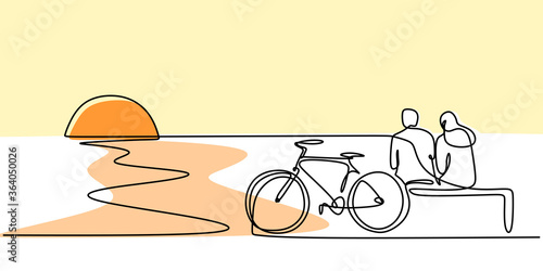 One line drawing of couple sitting on beach with bicycle. Happy young couple by the beach enjoying the sunset isolated vector object by hand on a white background. Minimalist style