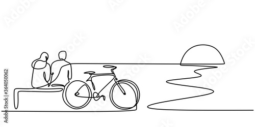 One line drawing of couple sitting on beach with bicycle. Happy young couple by the beach enjoying the sunset isolated vector object by hand on a white background. Minimalist style