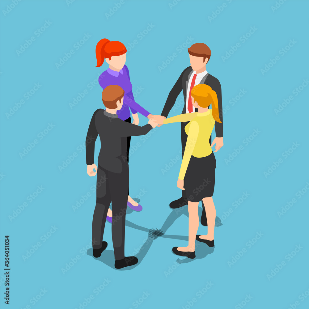 Isometric business people putting their hands together Isometric business people putting their hands together