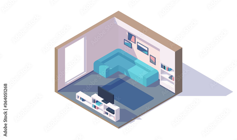 isometric low poly living room interior, tv, couch, bookshelf, window, carpet, picture, vector illustration isometric low poly living room interior, tv, couch, bookshelf, window, carpet, picture, vector illustration