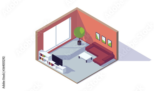 isometric low poly living room interior, plant, tv, couch, window, coffee table, vector illustration