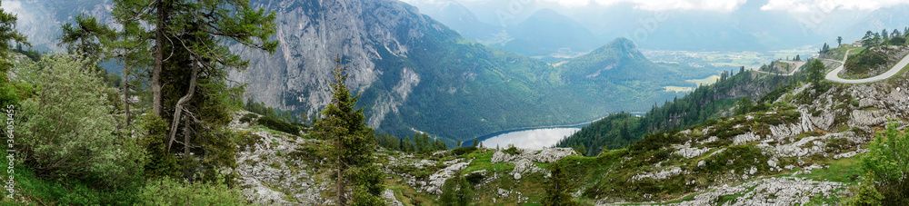 Panoramic view from Loser peak over Altaussee lake in Dead Mountains (Totes Gebirge). Austria