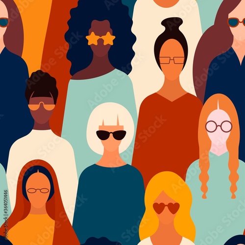 World Sight Day on October 10th. women with glasses pattern seamless.international women.Seamless pattern of many different people profile heads. Vector background.multicolored people woman  