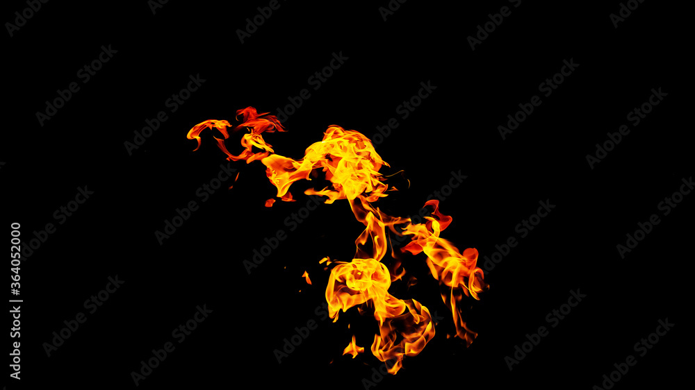 Obraz premium Fire flames on black background isolated. Burning gas or gasoline burns with fire and flames. Flaming burning sparks close-up, fire patterns. Infernal glow of fire in the dark with copy-space