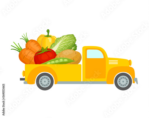 Pickup truck with vegetables. Delivery of fresh organic food from the farm. Vector illustration in flat style isolated on white background. Delivery service advertising template.