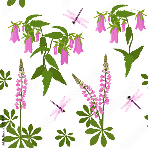 Field pink bells, lupines and dragonfly on a white, seamless background. Vector illustration.