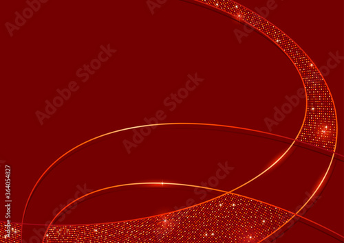 Gold and Red Abstract Background with Halftone Decor and Curved Shiny Lines - Modern Graphic Illustration, Vector