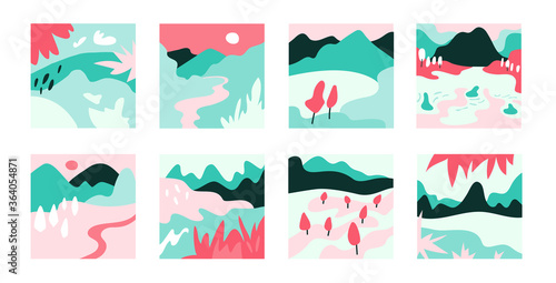 Eight hand drawn trendy Vector illustrations. Mountain, river view. Hills, clouds, sun, moon. Paper cut style. Flat abstract design. Scandinavian style illustration.  Cool Backgrounds