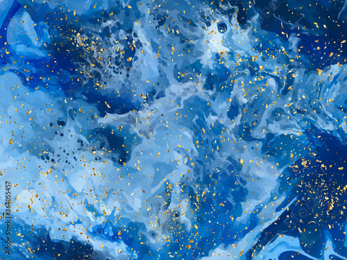 Blue marble and gold abstract background texture. Indigo, blue marbling with natural luxury style lines of marble and gold powder. Vector