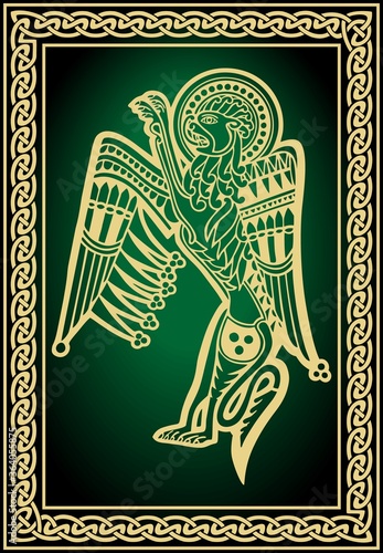Celtic zoological national drawing. Winged lion with ornament. Mystical creature of celtic ethnic group. Vector image