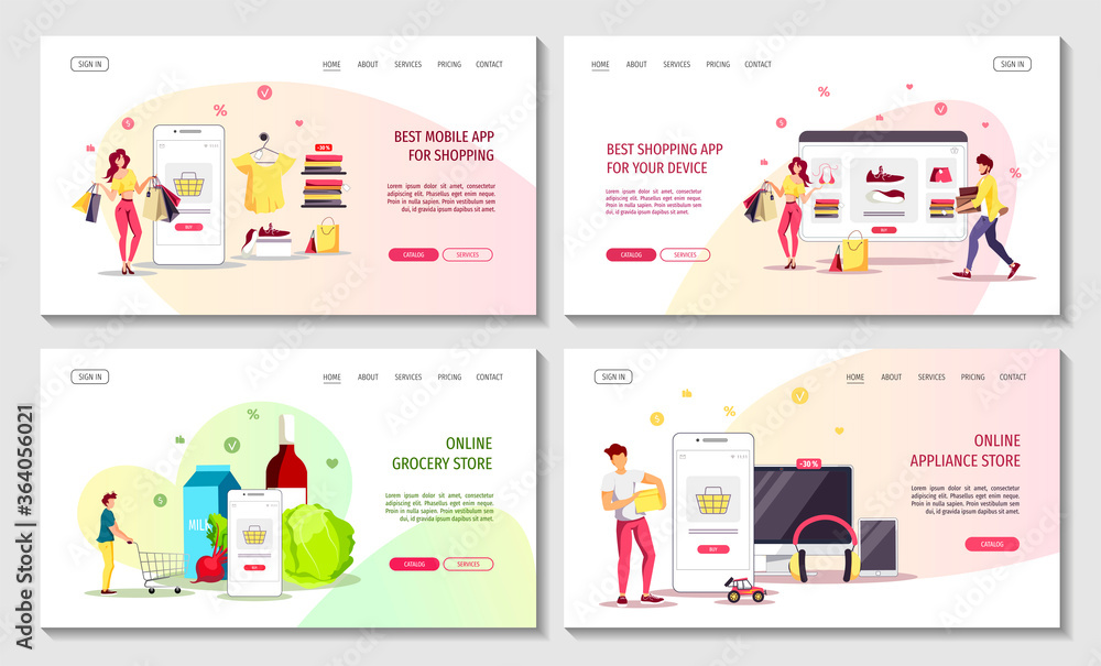 Set of web pages for Appliance, grocery and clothing store, Online shopping, Home delivery, Mobile marketing, E-commerce. Vector illustrations for poster, banner, flyer, commercial.