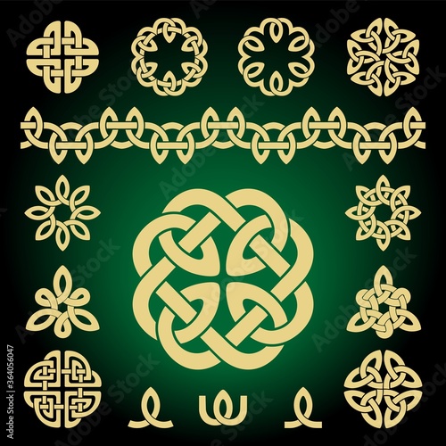 Patterns and parts of Celtic knots. Gold symbols on a dark background. Vector set