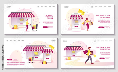 People with purchases and devices with striped awnings on the background. Set of web pages for E-commerce, Mobile app, Marketing, Online Shopping, Store. Vector illustrations.