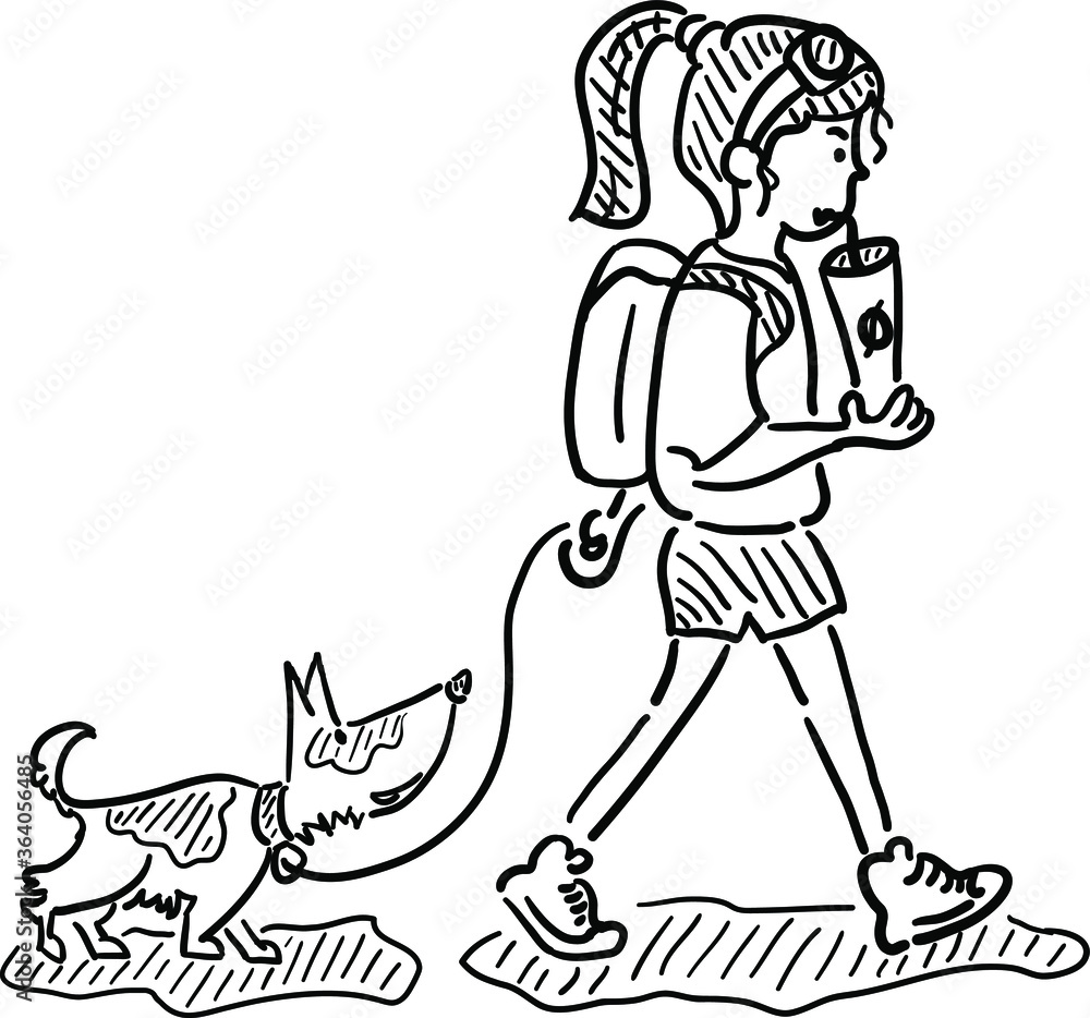 Vector illustration in flat linear style. Teenanger walking with dog. Vector illustration in flat linear style. Teenanger walking with dog.