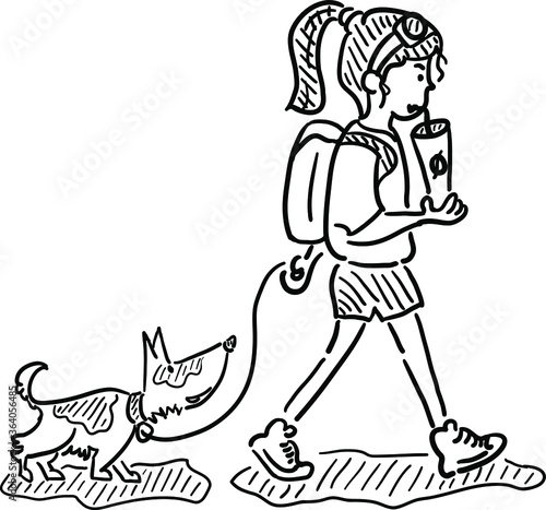 Vector illustration in flat linear style. Teenanger walking with dog. 