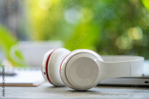 Headphones and laptop, Online Music Listening. Music Concept.
