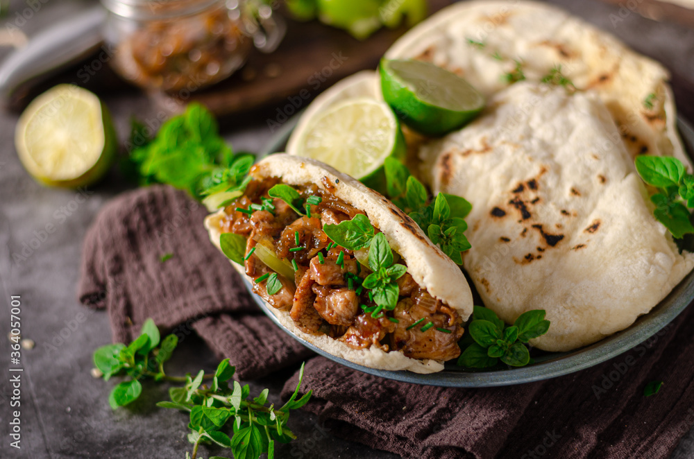 Homemade pita bread with meat and herbs Homemade pita bread with meat and herbs