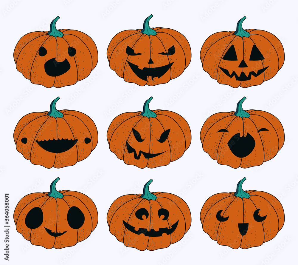Halloween pumpkins facial emotions set of stickers. Сartoon style vector illustration.
Halloween pumpkins facial emotions set of stickers. Сartoon style vector illustration.