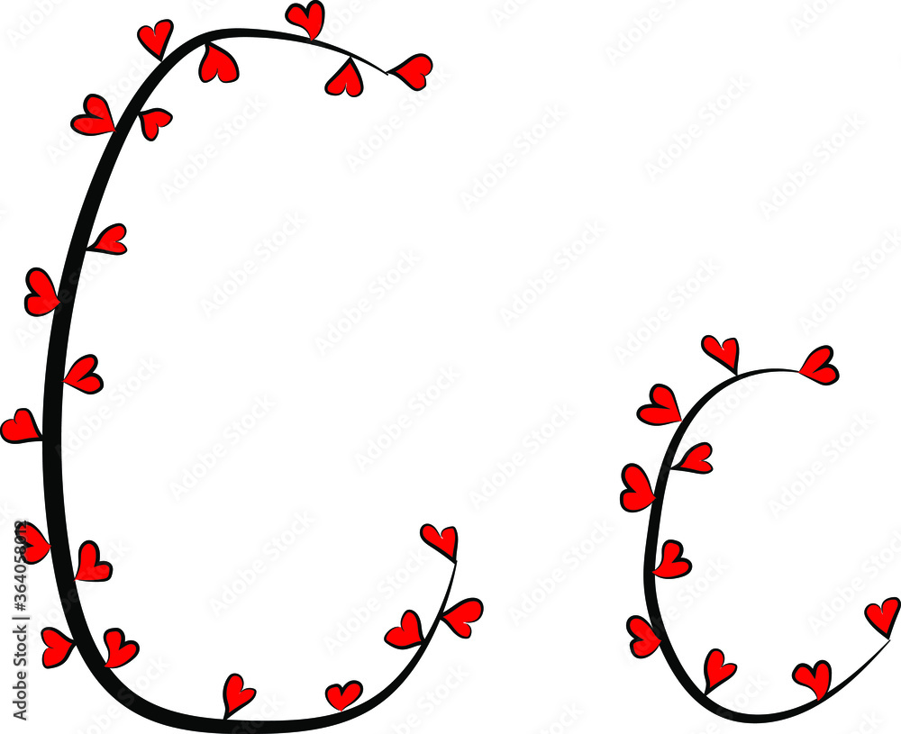 Festive romantic font. Black branches and bright red hearts. Valentine's day. Design of greeting cards and invitations. Latin English letters. Uppercase and lowercase letter C. Concise design