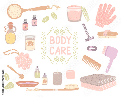 Body care set of toiletries. Cute feminine vector illustration.
