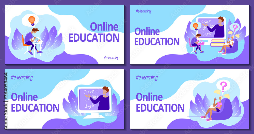 Banner for web page template set. Gorizontal header for website. Online education and e-learning. Teacher on a computer screen and students at an online lecture. Stock vector flat illustration.