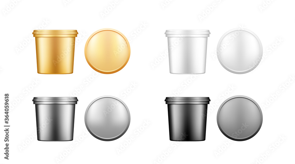 Mayo buckets with cap top view mockups. Plastic package design. Blank gold, silver, black and white food, decor product container template: ice cream, yoghurt, paint. 3d isolated vector illustration Mayo buckets with cap top view mockups. Plastic package design. Blank gold, silver, black and white food, decor product container template: ice cream, yoghurt, paint. 3d isolated vector illustration