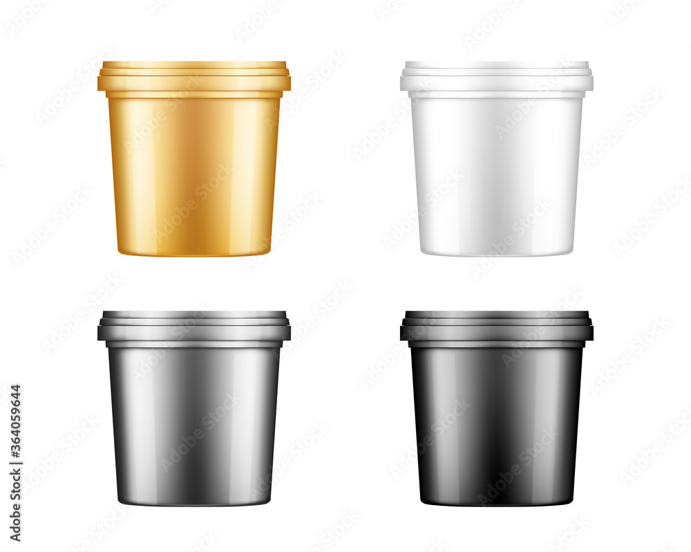 Mayonnaise buckets with cap mockup. Plastic package design. Blank gold, silver, black and white food or decor product container template: ice cream, yoghurt, or paint. 3d isolated vector illustration Mayonnaise buckets with cap mockup. Plastic package design. Blank gold, silver, black and white food or decor product container template: ice cream, yoghurt, or paint. 3d isolated vector illustration