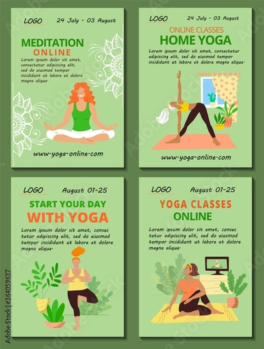 Vertical poster Yoga online template set. Home yoga and meditation classes advertisment. Girls in sport clothes doing asanas and meditating in lotus pose. Stock vector flat illustration.