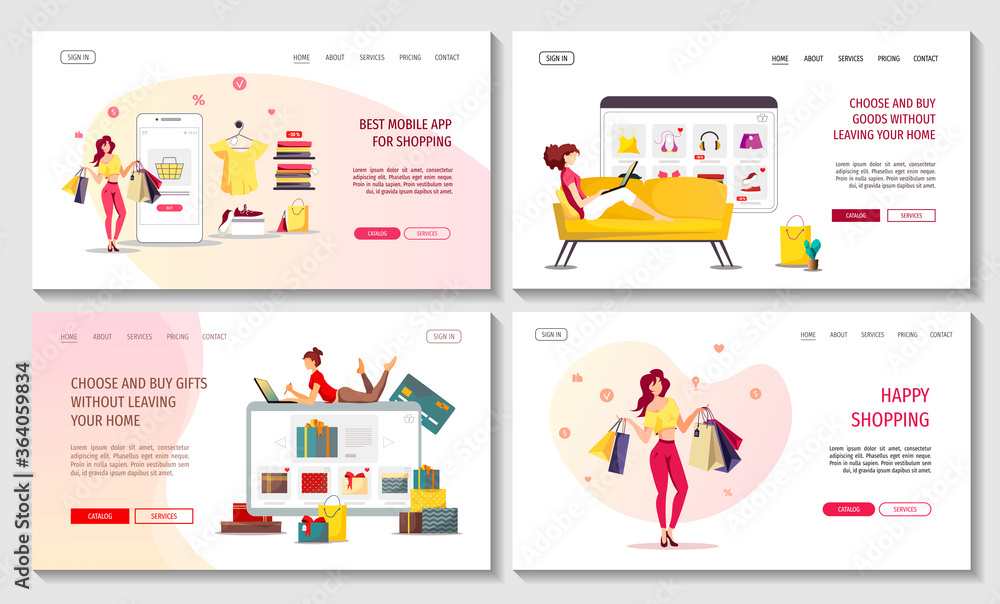 Set of web pages with online female shopping. Clothing store, E-shop, Mobile marketing, E-commerce concept. Vector illustration for poster, banner, website, commercial.
