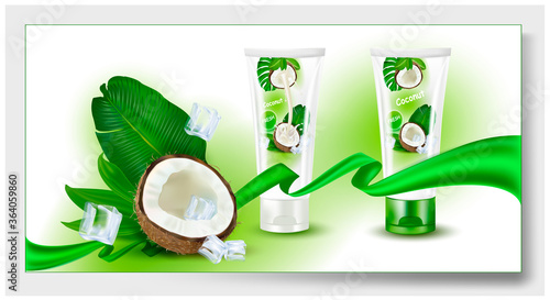 3d.Coconut cream for hands and face.Cosmetic tube, packaging for cream for hands, face, body with a colored cap. Isolated realistic image.