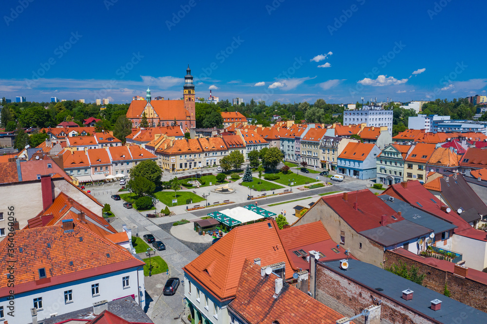 Wodzislaw Slaski. Poland. Aerial view of main square and city center of Wodzislaw Slaski. Upper Silesia. Poland.