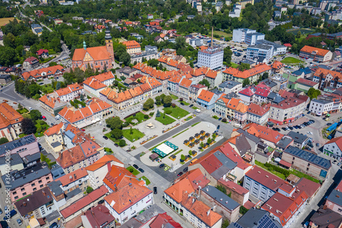 Wodzislaw Slaski. Poland. Aerial view of main square and city center of Wodzislaw Slaski. Upper Silesia. Poland.