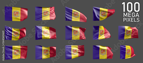 14 different realistic renders of Andorra flag isolated on grey background - 3D illustration of object