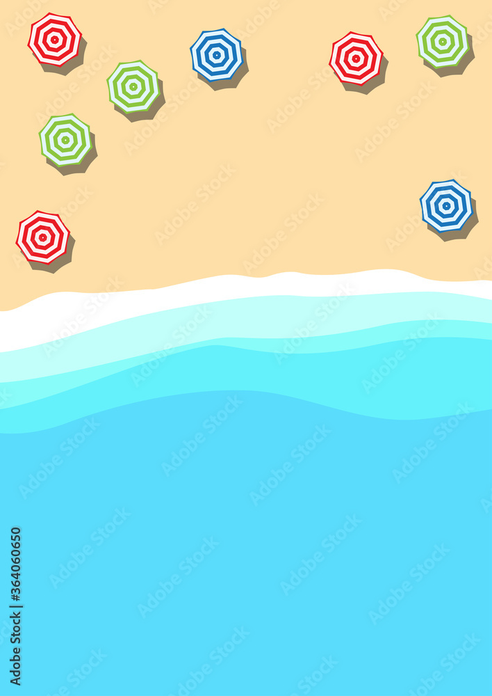 Summer concept, vector background for poster. Beach and sea with umbrella,  flat view