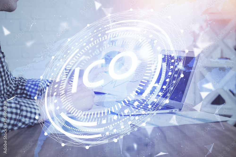 Blockchain theme hud with businessman working on computer on background. Concept of crypto chain. Multi exposure. Blockchain theme hud with businessman working on computer on background. Concept of crypto chain. Multi exposure.