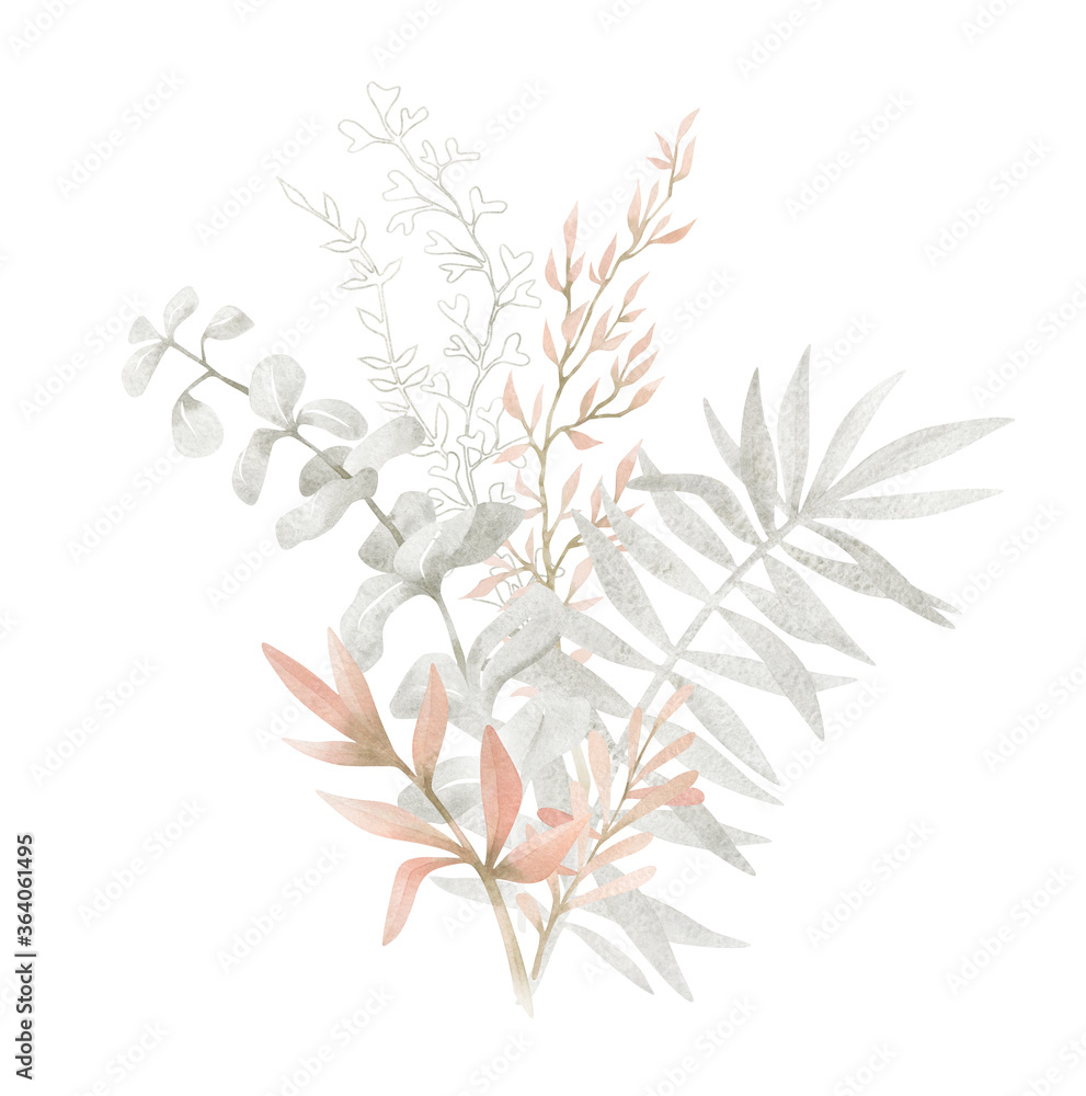 Fototapeta premium Watercolor composition with plants and leaves in pastel pink color. Aesthetic gently bouquet in boho style with palm leaf, eucalyptus, foliage, nature element. Illustration for wedding, business card.