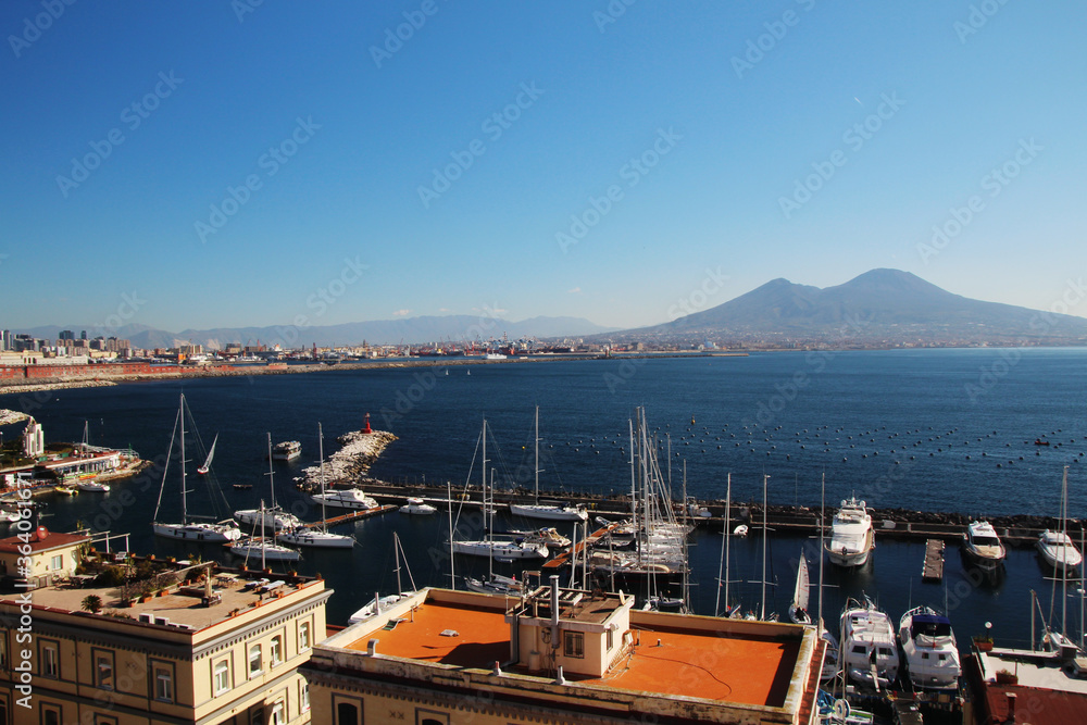 View to Naples bay and Vesuvius from Castle Dell'Ovo, Italy	