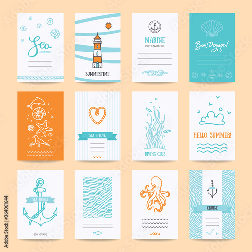 Hello summer holiday, sea vacation, marine trip card, social media stories, wedding invitation, party flyer, poster. Summertime traveling templates, hand drawn design elements, symbols, illustration.