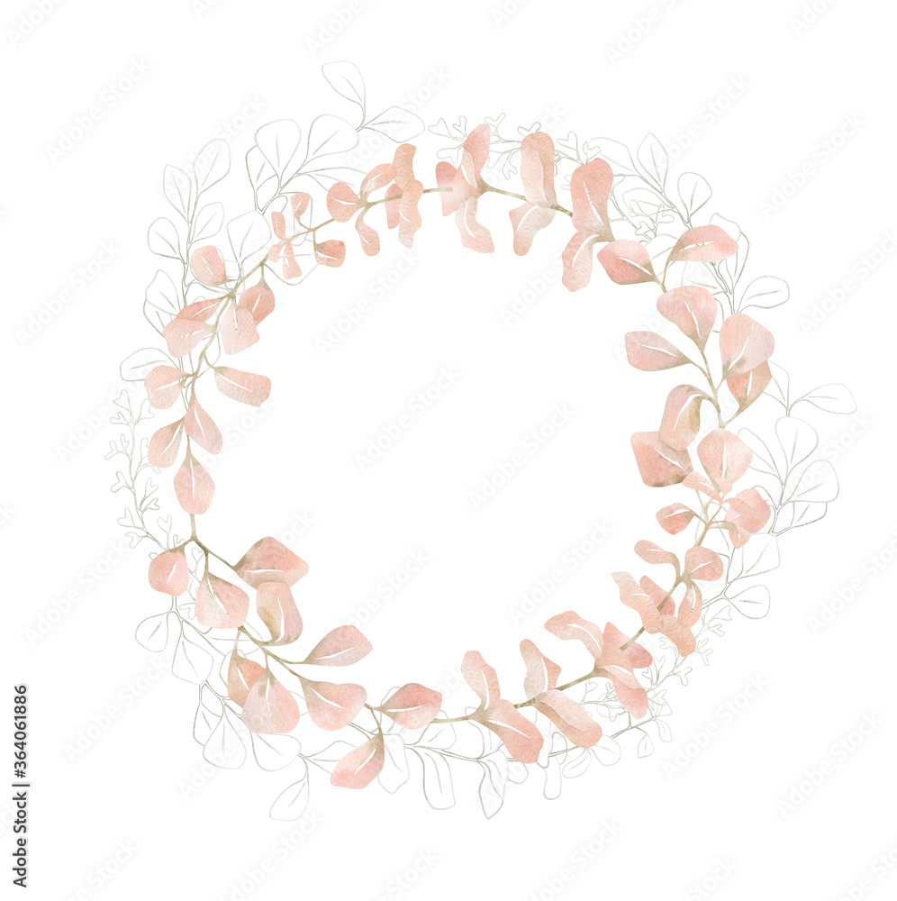 Watercolor frame with plants and leaves in pastel pink color. Aesthetic gently wreath in boho style with palm leaf, eucalyptus, foliage, nature element. Illustration for wedding, business card. Watercolor frame with plants and leaves in pastel pink color. Aesthetic gently wreath in boho style with palm leaf, eucalyptus, foliage, nature element. Illustration for wedding, business card.