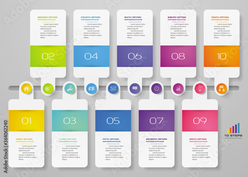 10 steps timeline infographic element. 10 steps infographic, vector banner can be used for workflow layout, diagram,presentation, education or any number option. EPS10.	