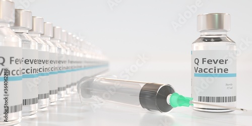 Glass vials with Q fever vaccine and a syringe. 3D rendering
