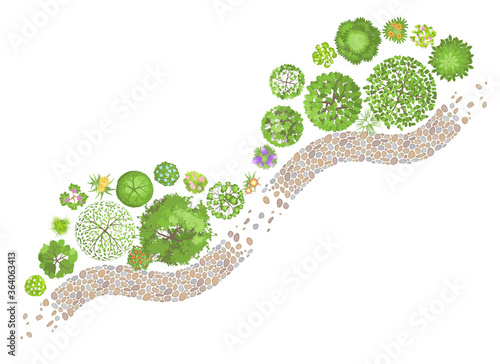 Landscape design. Top view. Path, trees and flowers. View from above.