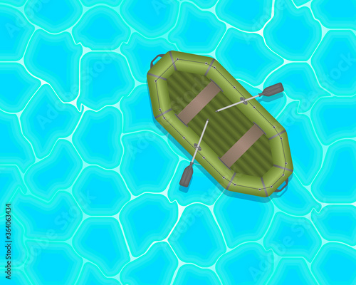 Vector illustration. Rubber inflatable boat on the background of water. Top view.