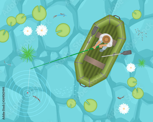 A fisherman in a rubber inflatable boat on a lake with lotuses. Top view.